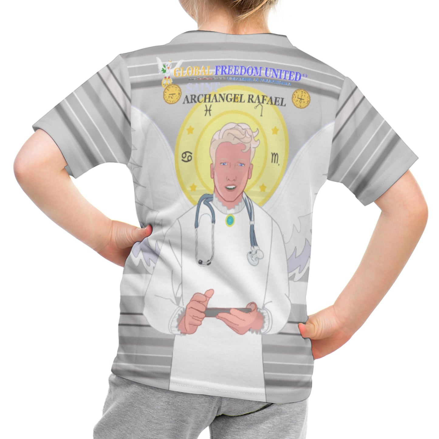 Kid´s T-shirt GLOBAL FREEDOM UNITED© Archangel Rafael English Grey