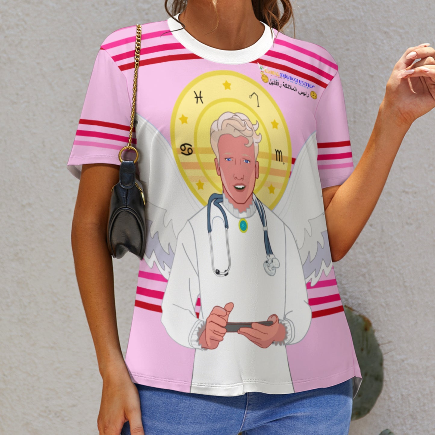 Women´s T-shirt GLOBAL FREEDOM UNITED© Archangel Rafael Arabic Pink1