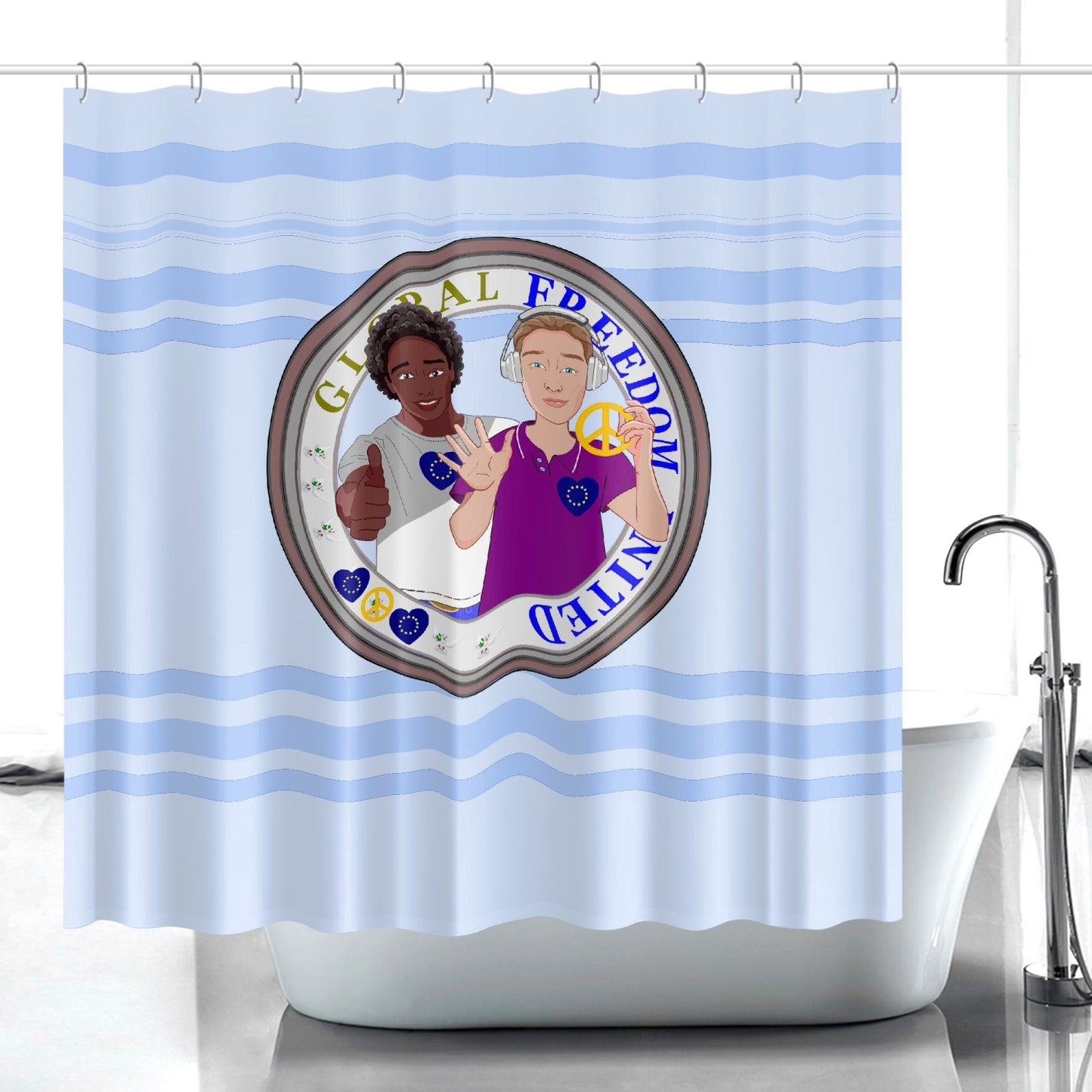 Quick-drying Shower Curtain GLOBAL FREEDOM UNITED© Men Anti Fascism & Racism EU Light Blue