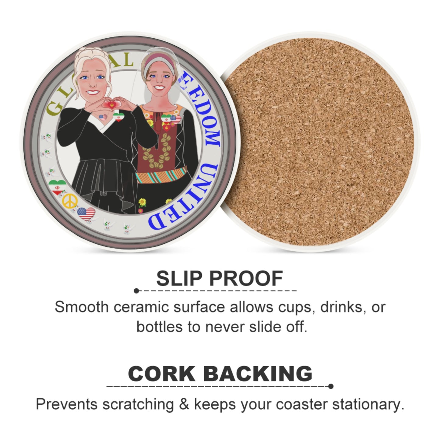 Ceramic Coaster GLOBAL FREEDOM UNITED© Women Iran & USA