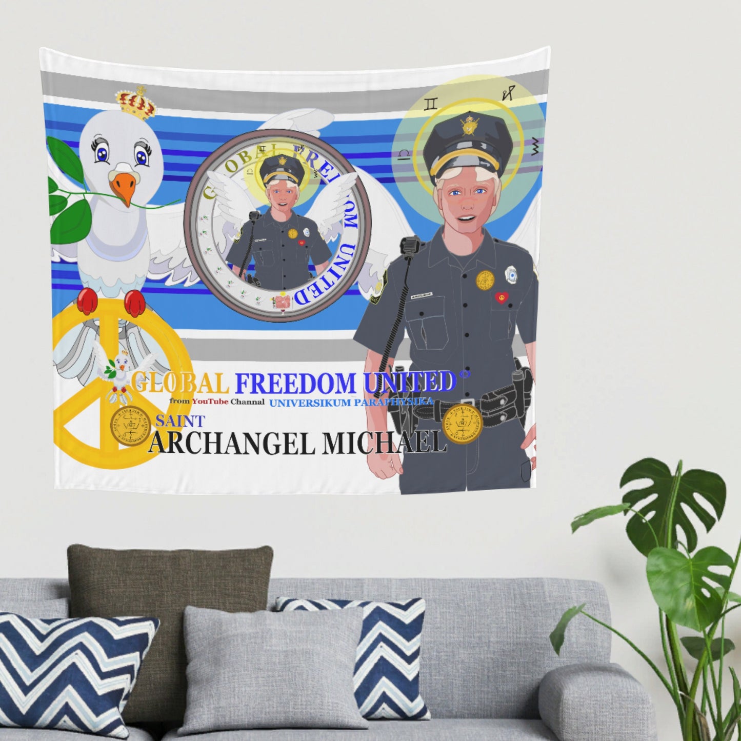 Tapestry GLOBAL FREEDOM UNITED© Archangel Michael As Policemen Deep Blue