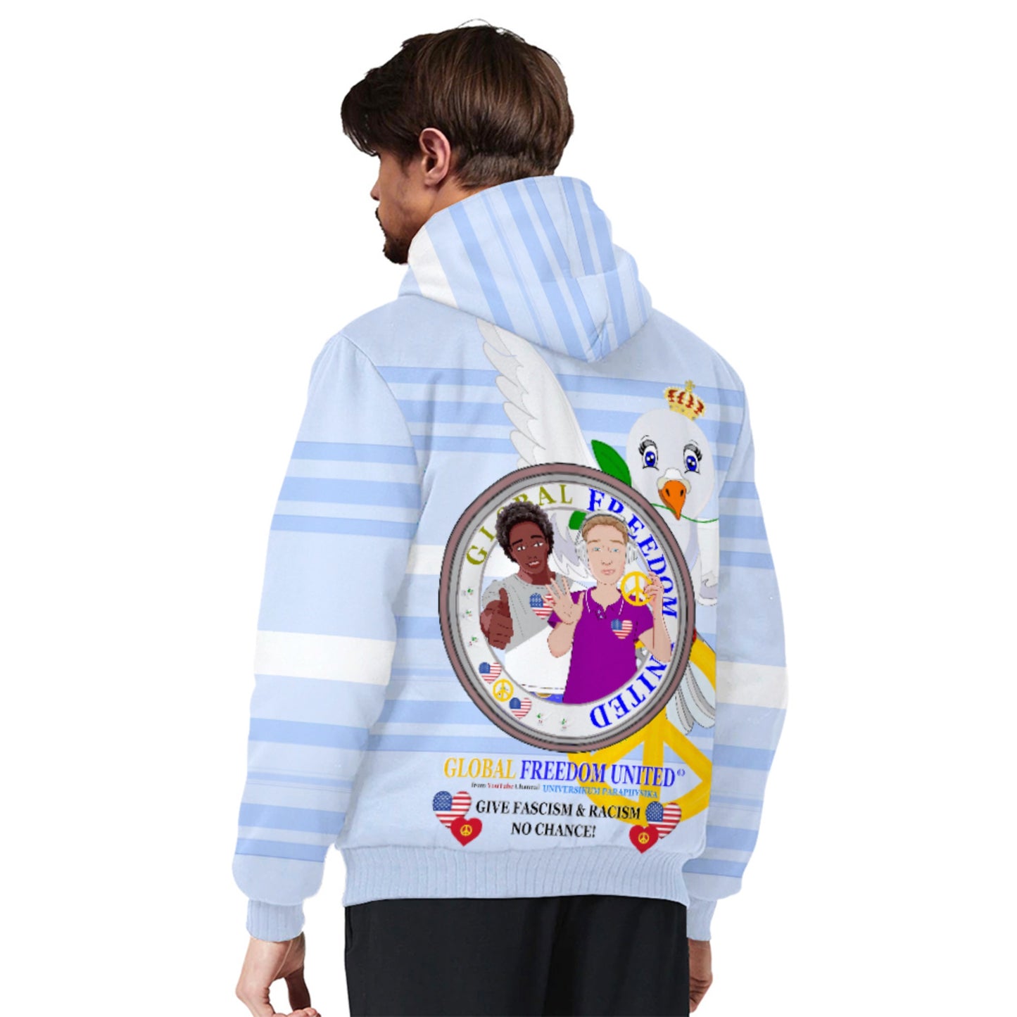 Plush Hoodie GLOBAL FREEDOM UNITED© Men Anti Racism & Fascism USA Light Blue