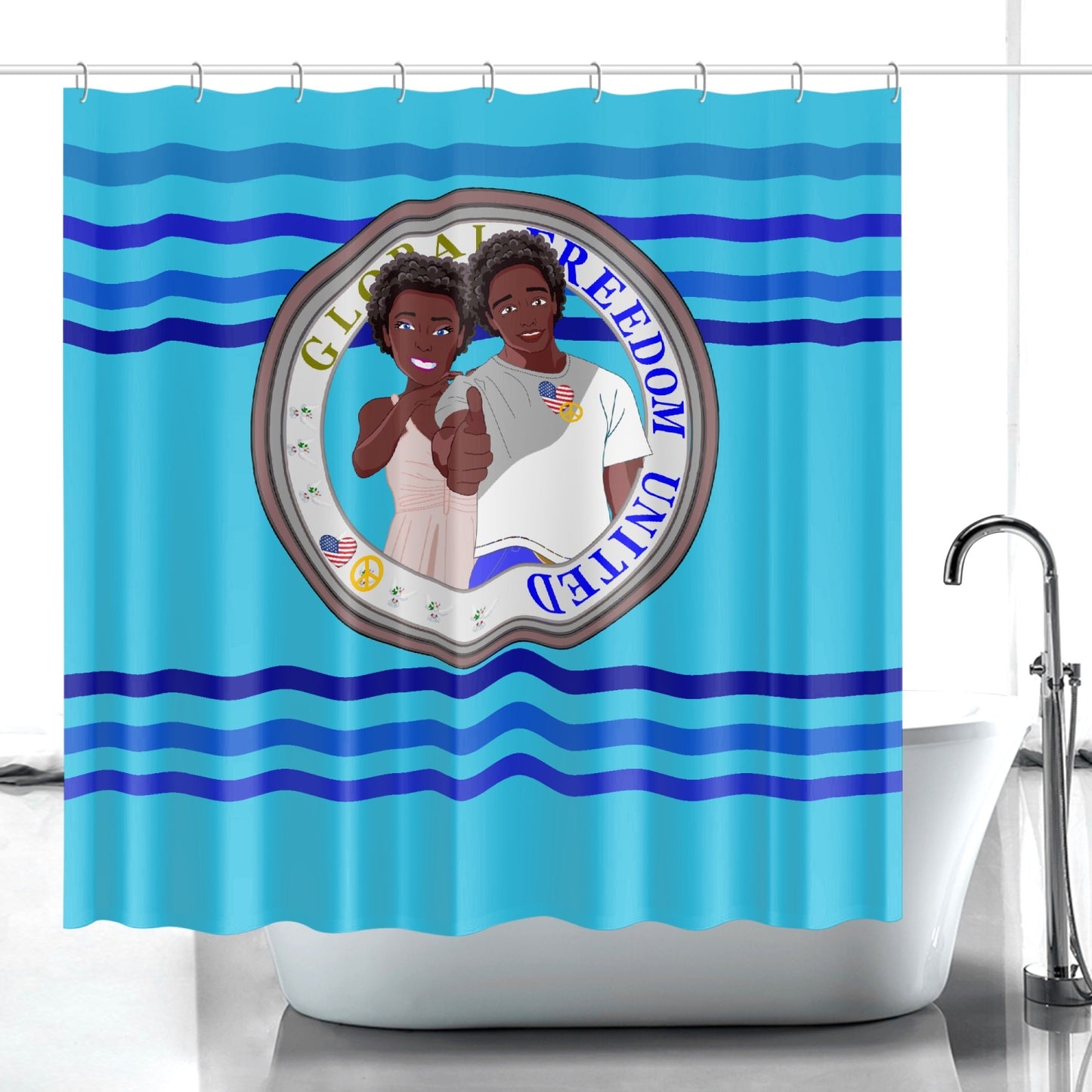 Quick-drying Shower Curtain GLOBAL FREEDOM UNITED© Couple USA Afro American Deep Blue