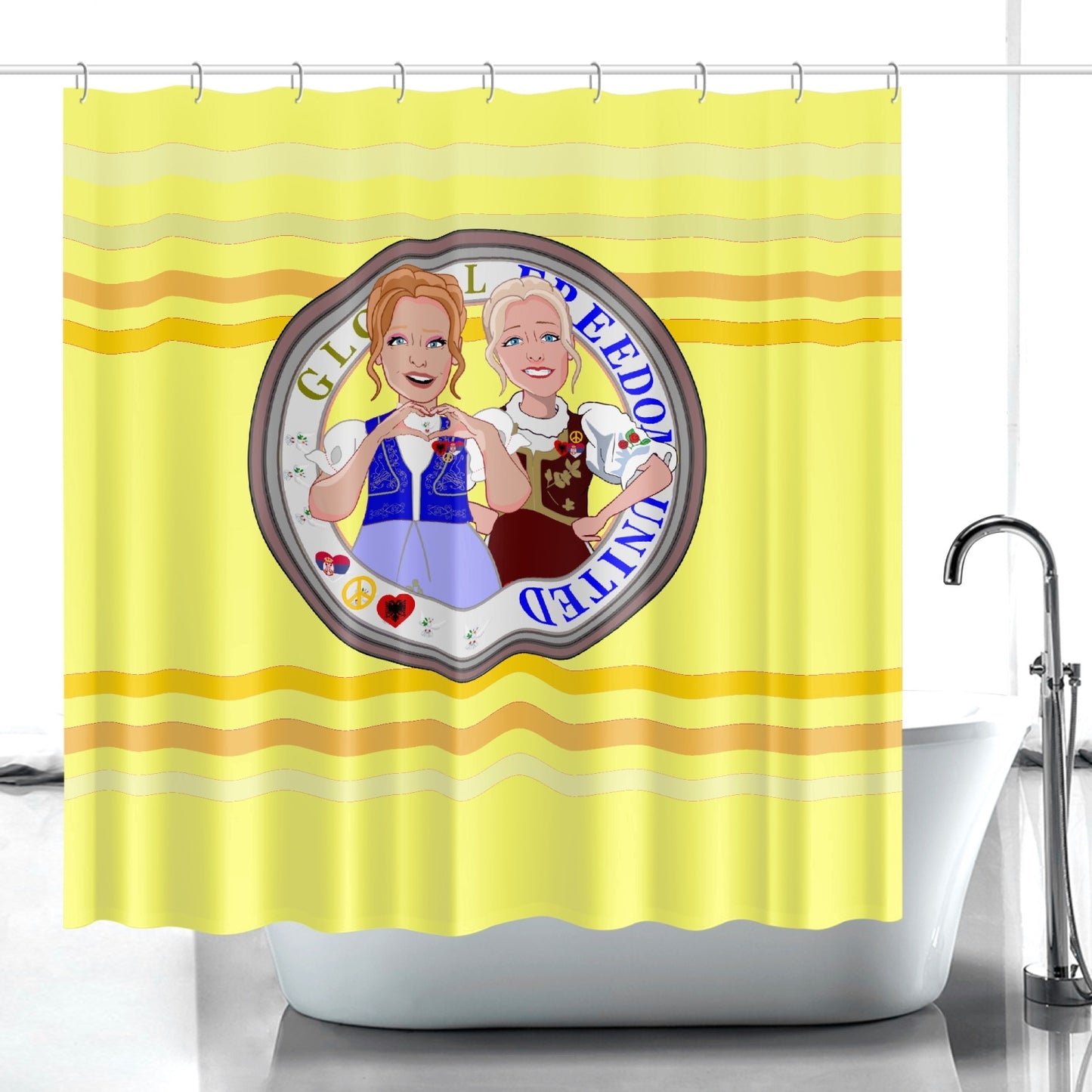 Quick-drying Shower Curtain GLOBAL FREEDOM UNITED© Women Albania & Serbia Yellow