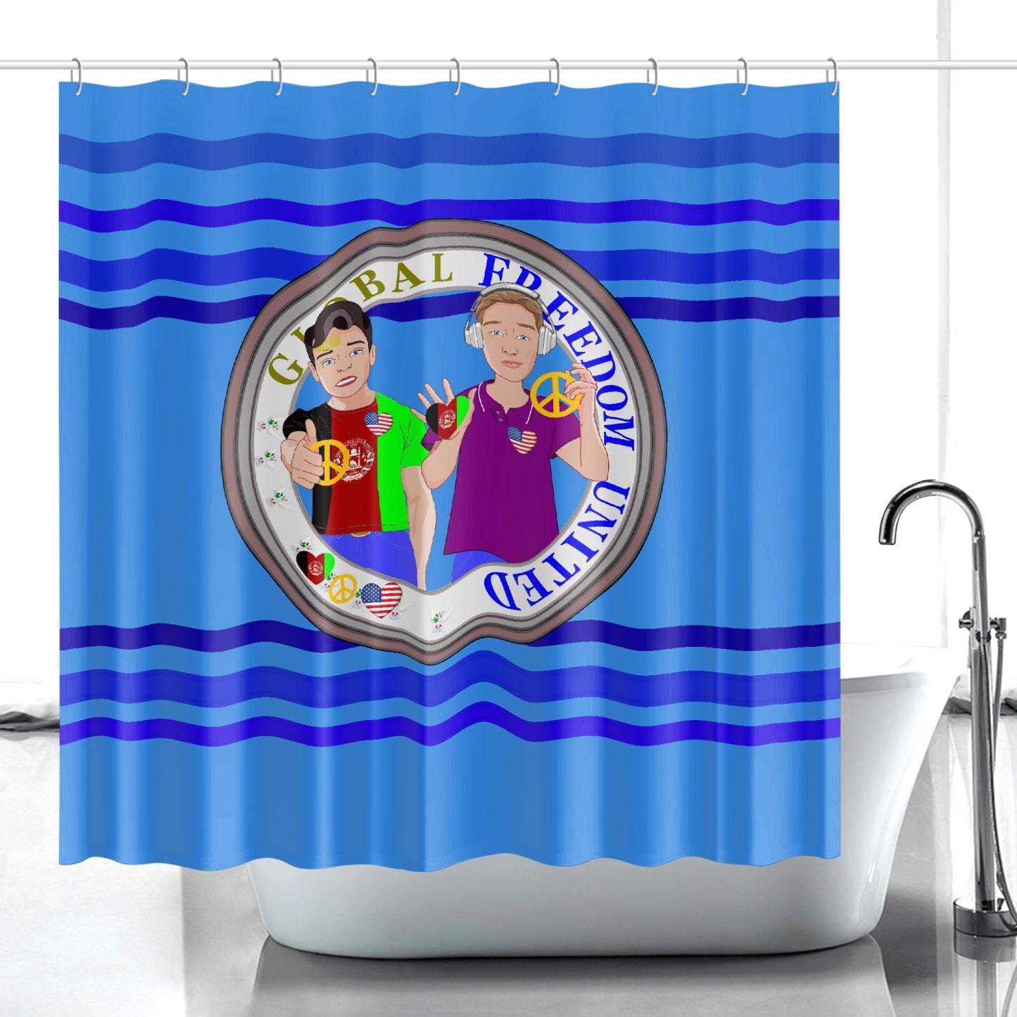 Quick-drying Shower Curtain GLOBAL FREEDOM UNITED© Men Afghanistan & USA Deep Blue
