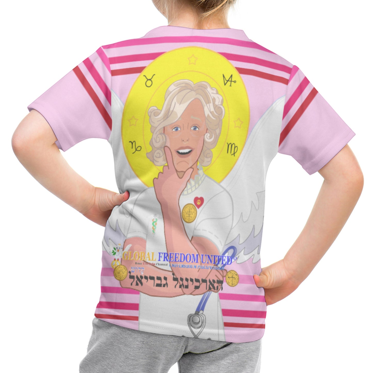 Kid´s T-shirt 2 GLOBAL FREEDOM UNITED© Archangel Gabriel Hebrew Pink1