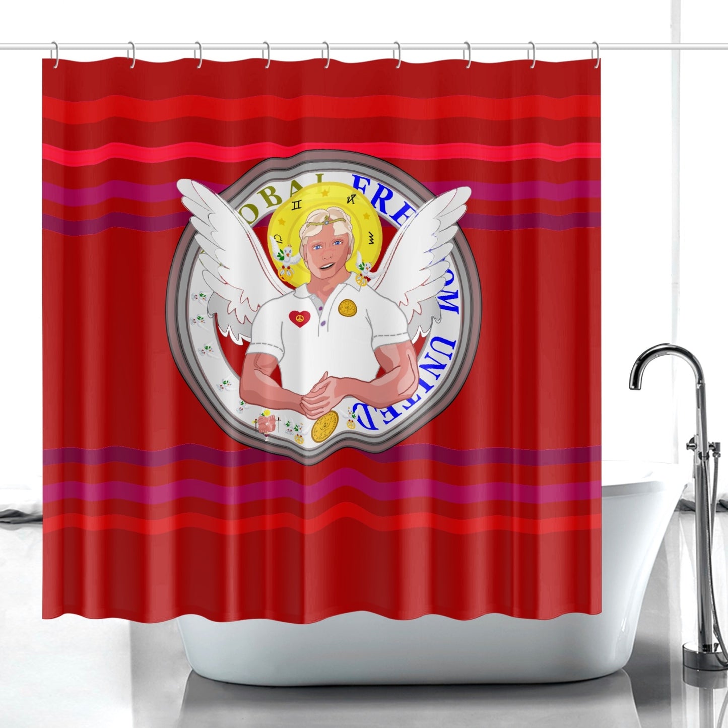 Quick-drying Shower Curtain GLOBAL FREEDOM UNITED© Archangel Michael Version 2 Red