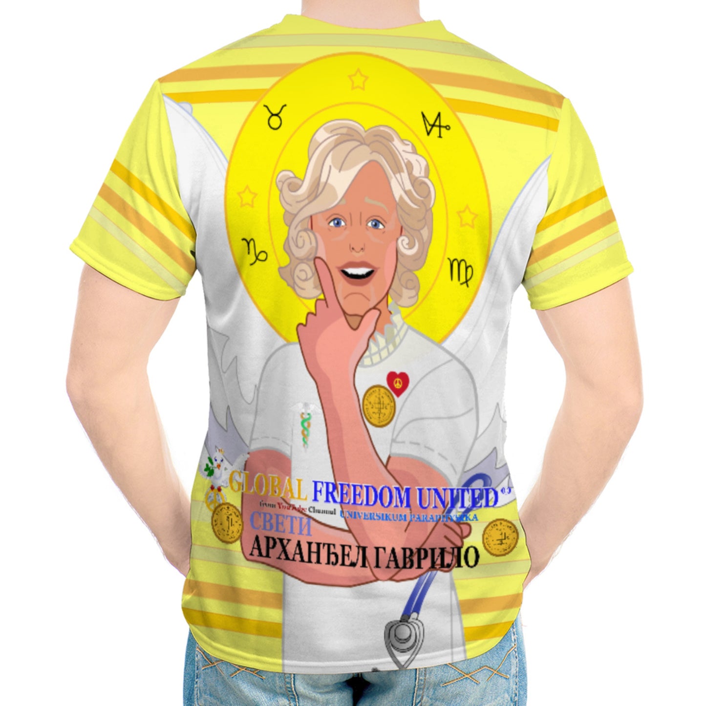 Men´s T-shirt GLOBAL FREEDOM UNITED© Archangel Gabriel Wight Dove Of Peace Serbia Yellow
