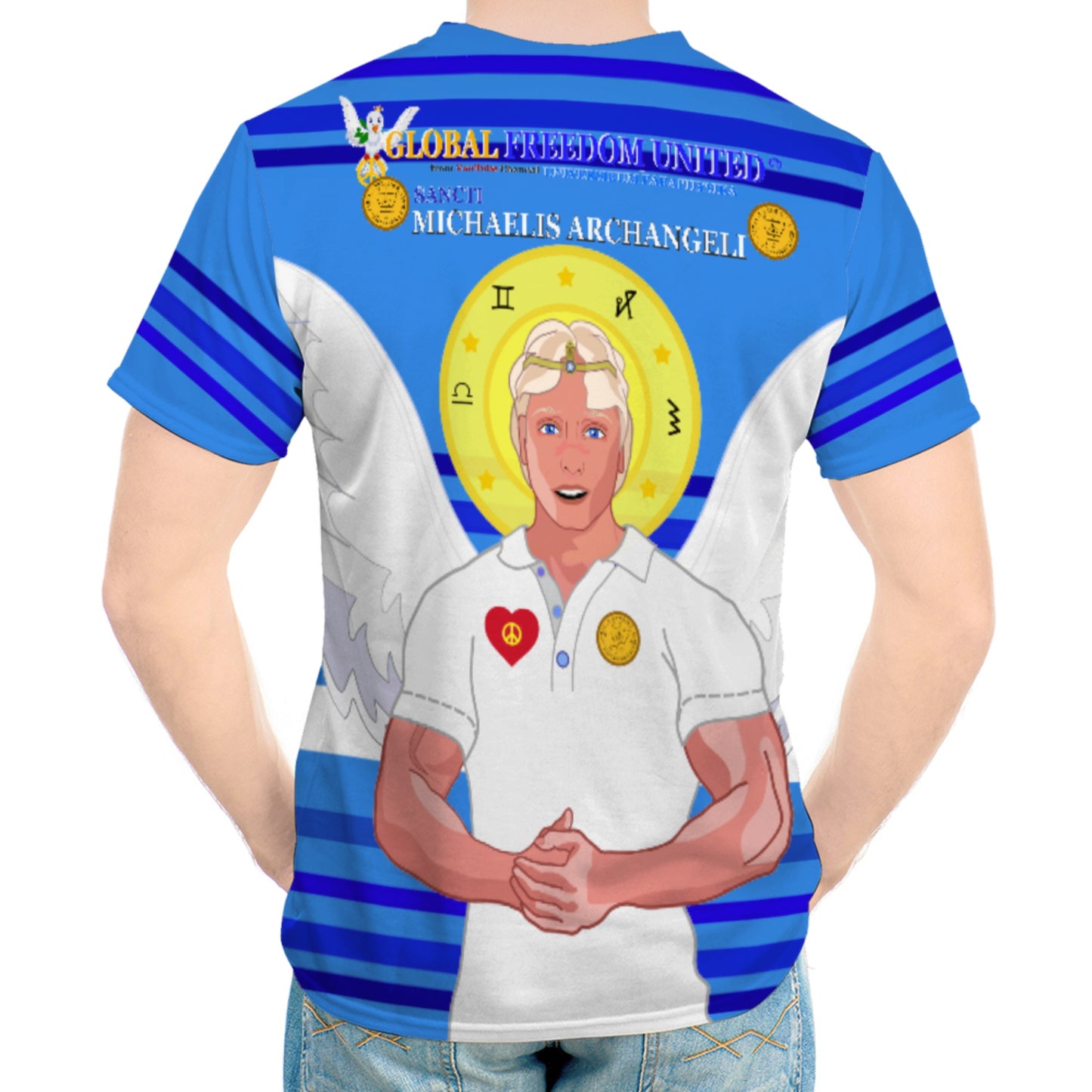 Men´s T-shirt GLOBAL FREEDOM UNITED© Archangel Michael In Latin V2 Deep Blue