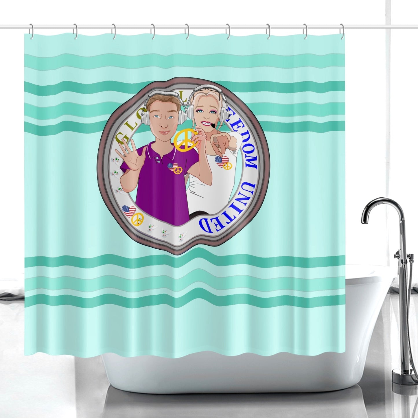 Quick-drying Shower Curtain GLOBAL FREEDOM UNITED© Couple USA Wight American Light Green