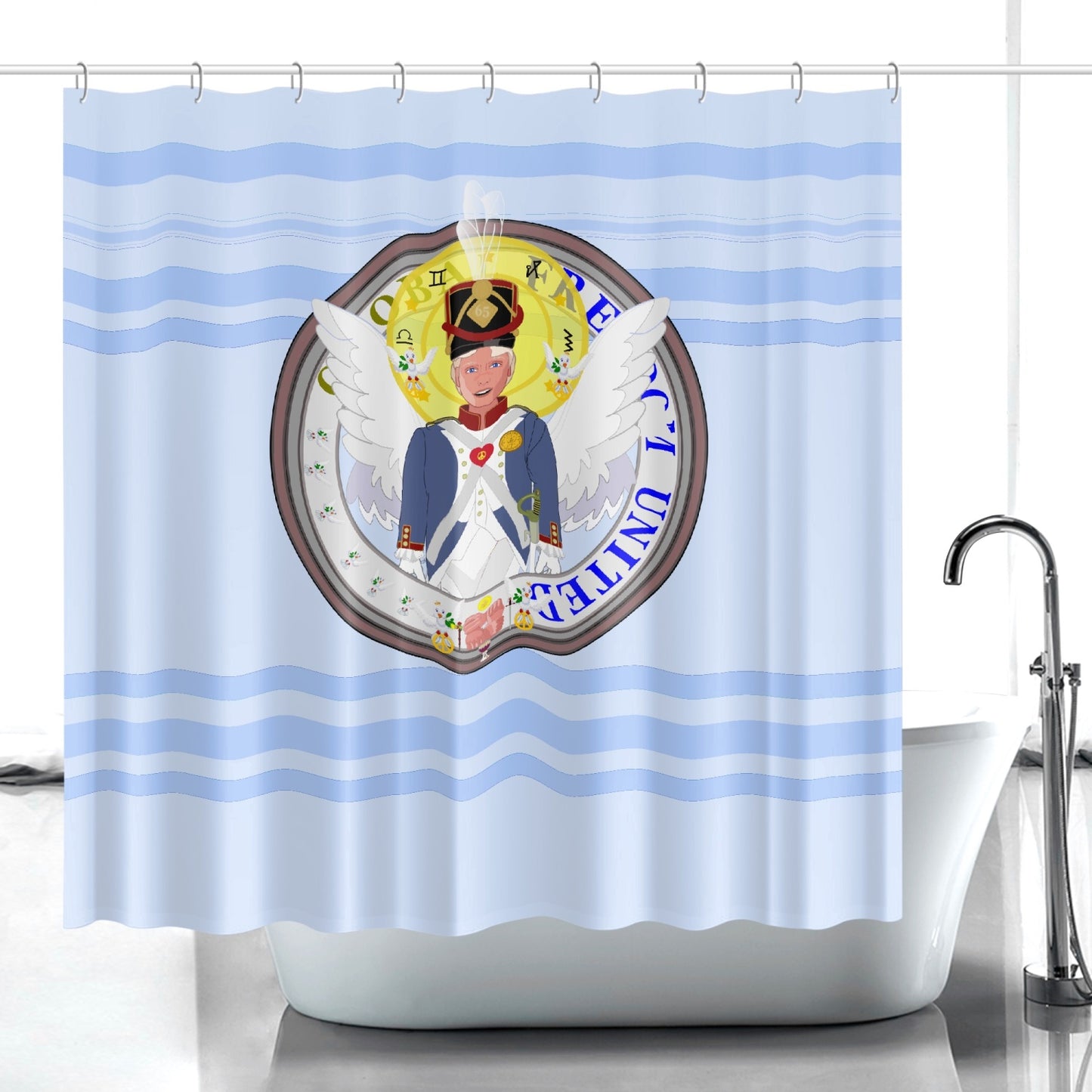 Quick-drying Shower Curtain GLOBAL FREEDOM UNITED© Archangel Michael Version 3 Light Blue