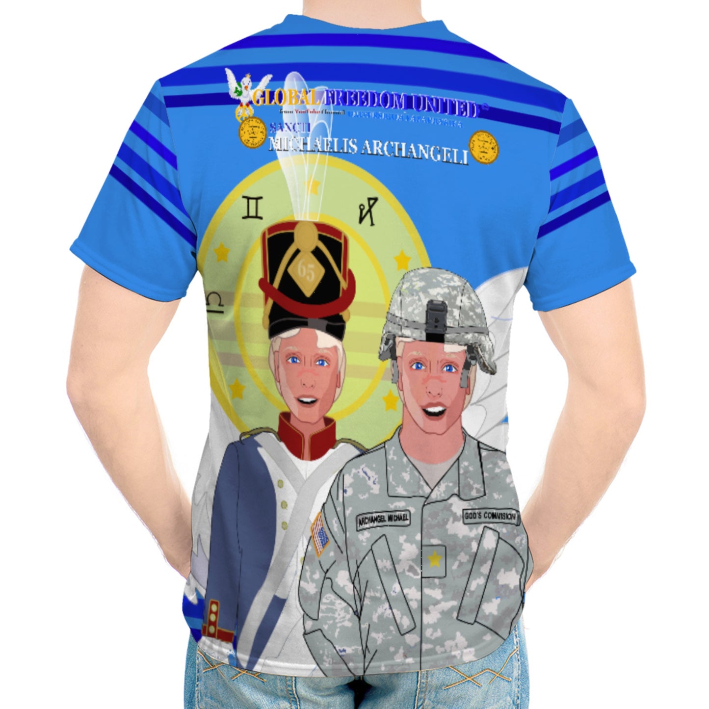Men´s T-shirt GLOBAL FREEDOM UNITED© Archangel Michael In Latin V3 Deep Blue