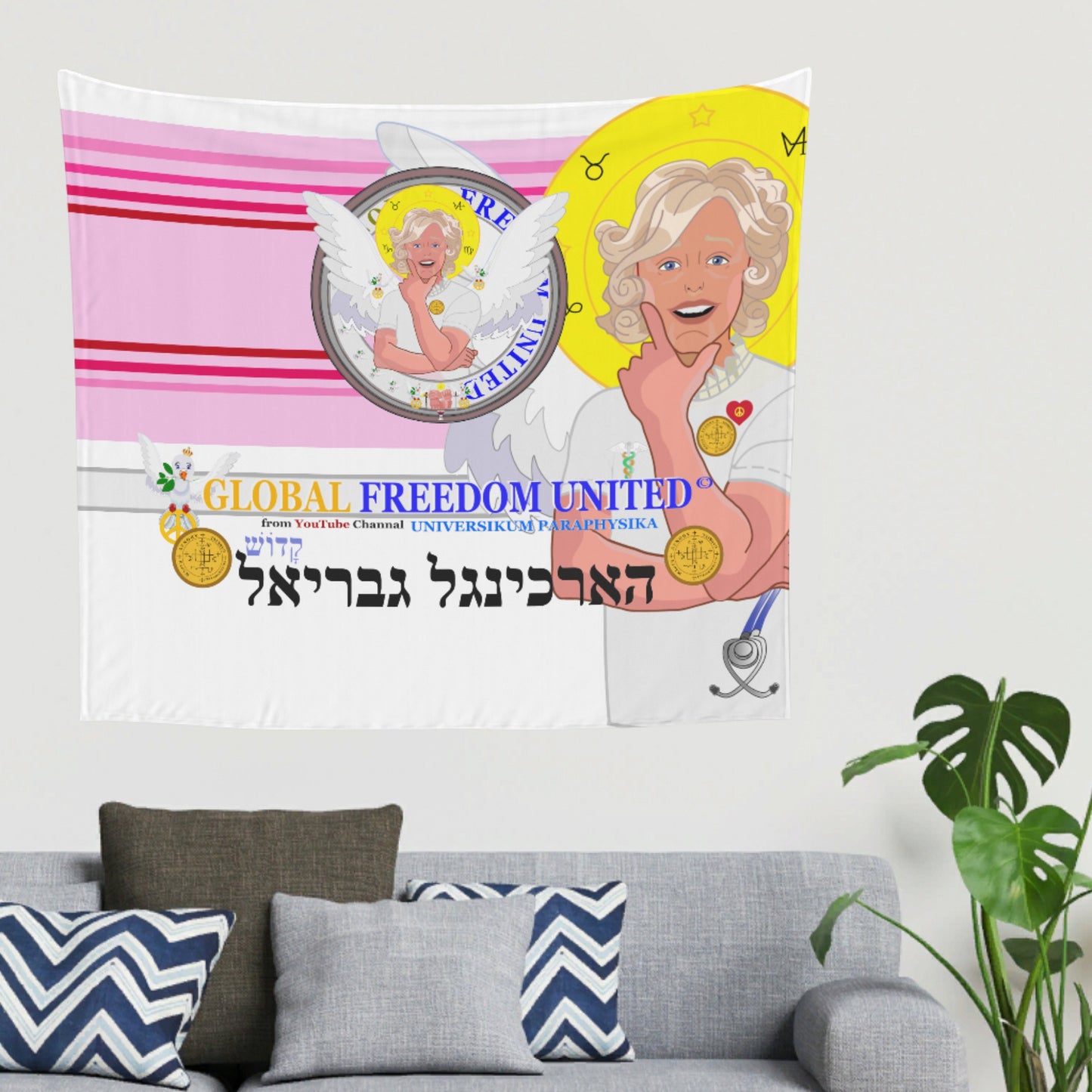 Tapestry GLOBAL FREEDOM UNITED© Archangel Gabriel Hebrew Pink