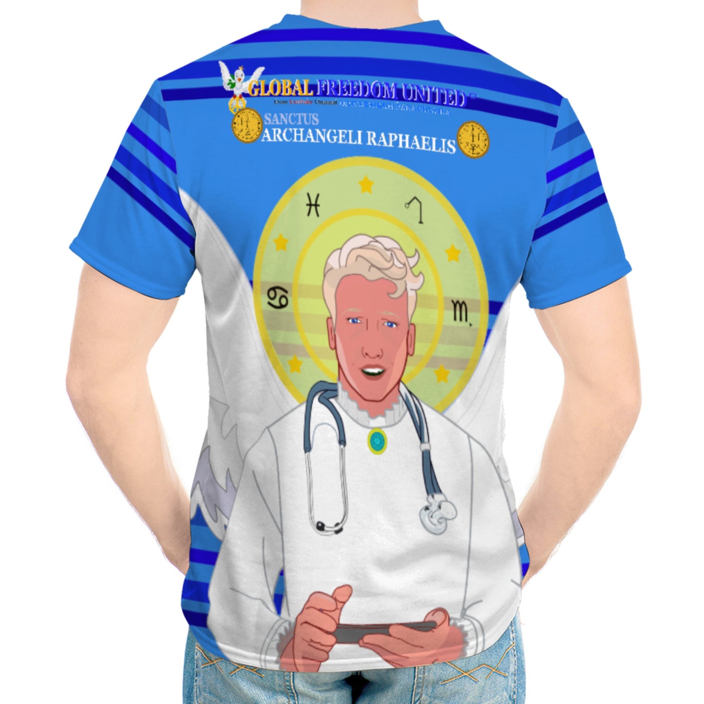 Men´s T-shirt GLOBAL FREEDOM UNITED© Archangel Rafael Old Latin Deep Blue