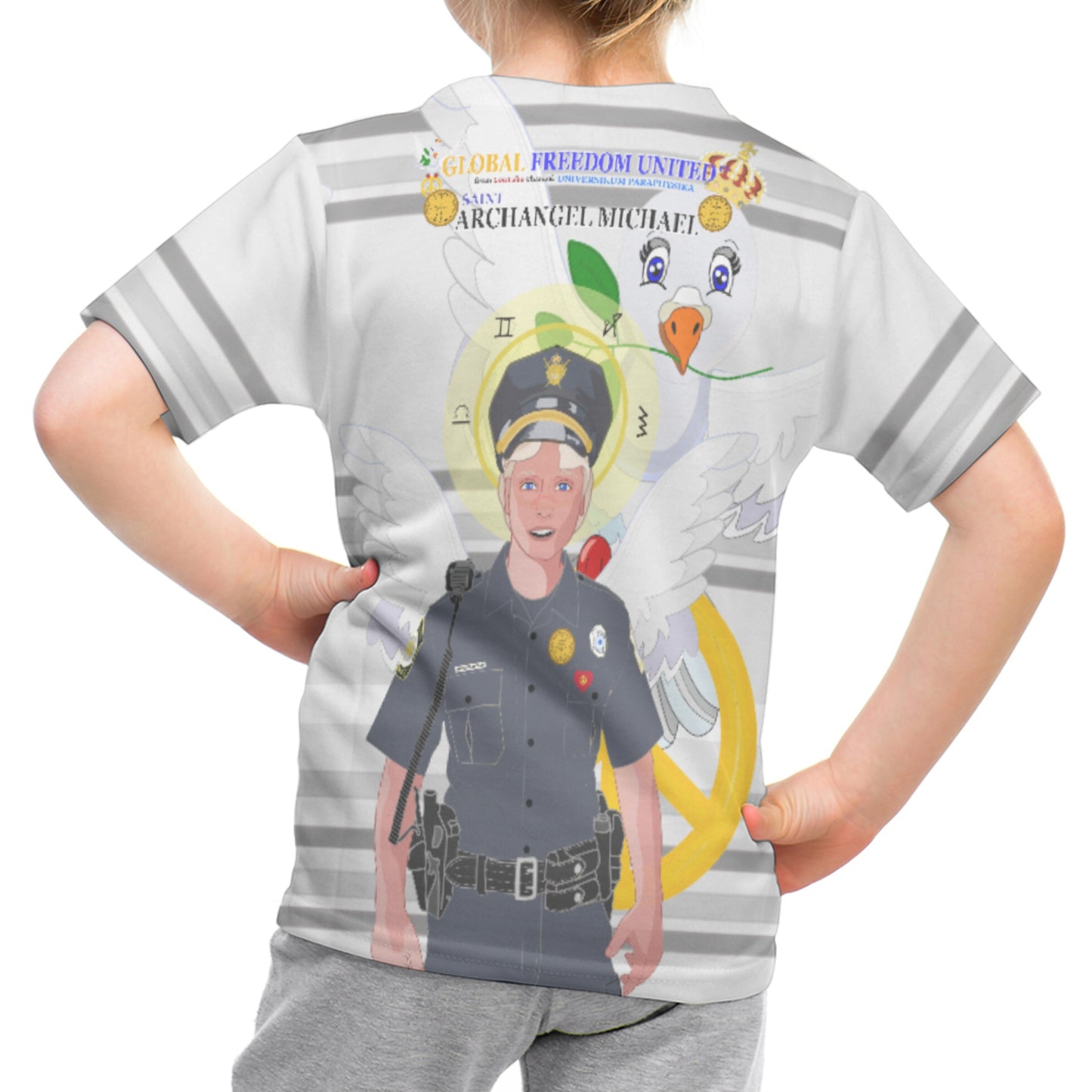 Childrens T-shirt GLOBAL FREEDOM UNITED© Archangel Michael As Policemen Grey