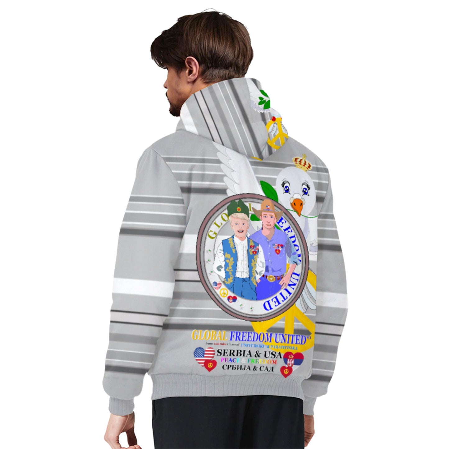 Plush Hoodie GLOBAL FREEDOM UNITED© Men Serbia & USA Grey