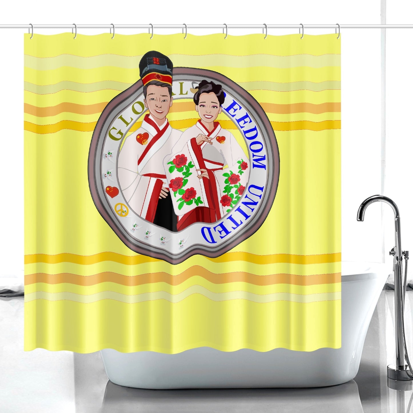 GLOBAL FREEDOM UNITED© Couple China Yellow - Quick-drying Shower Curtain