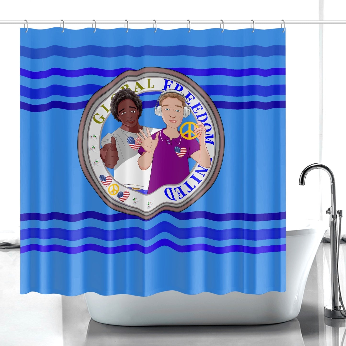Quick-drying Shower Curtain GLOBAL FREEDOM UNITED© Men Anti Fascism & Racism USA Deep Blue