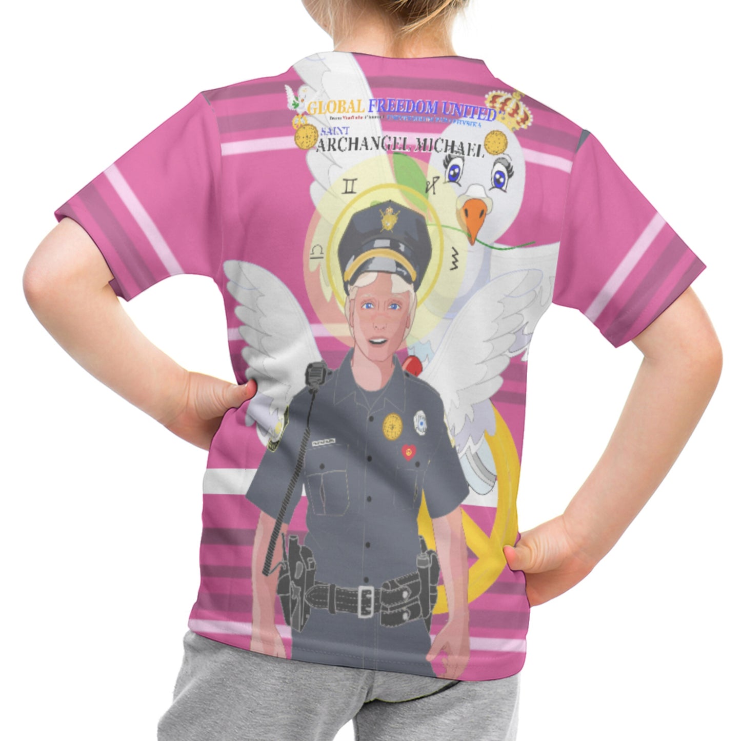 Childrens T-shirt GLOBAL FREEDOM UNITED© Archangel Michael As Policemen Pink2