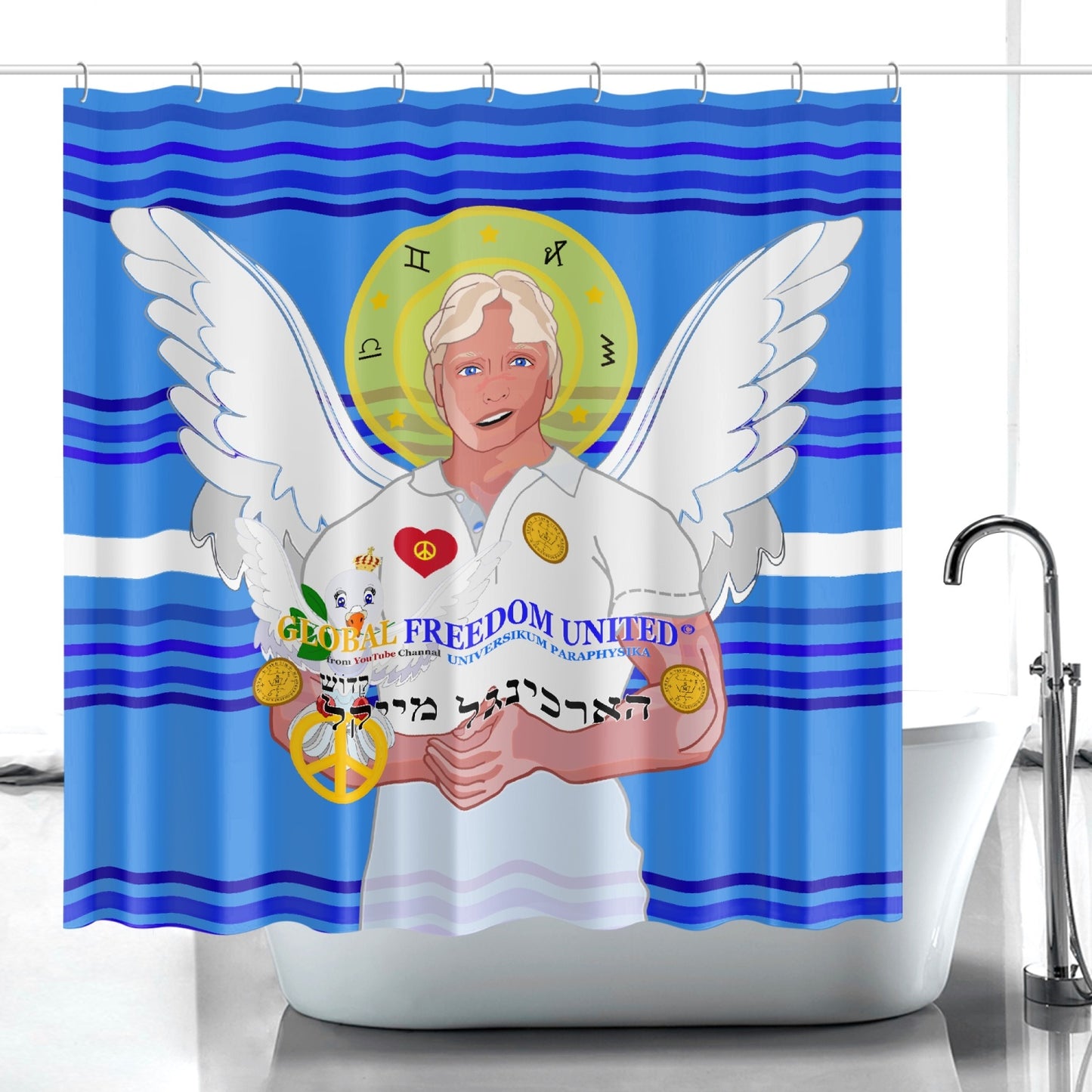 Quick-drying Shower Curtain GLOBAL FREEDOM UNITED ARCHANGEL MICHAEL HEBREW DEEP BLUE
