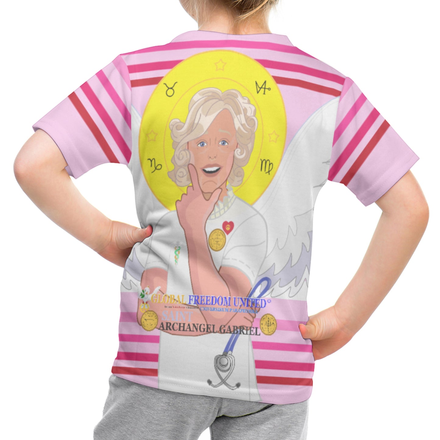 Kid´s T-shirt 2 GLOBAL FREEDOM UNITED© Archangel Gabriel English Pink1