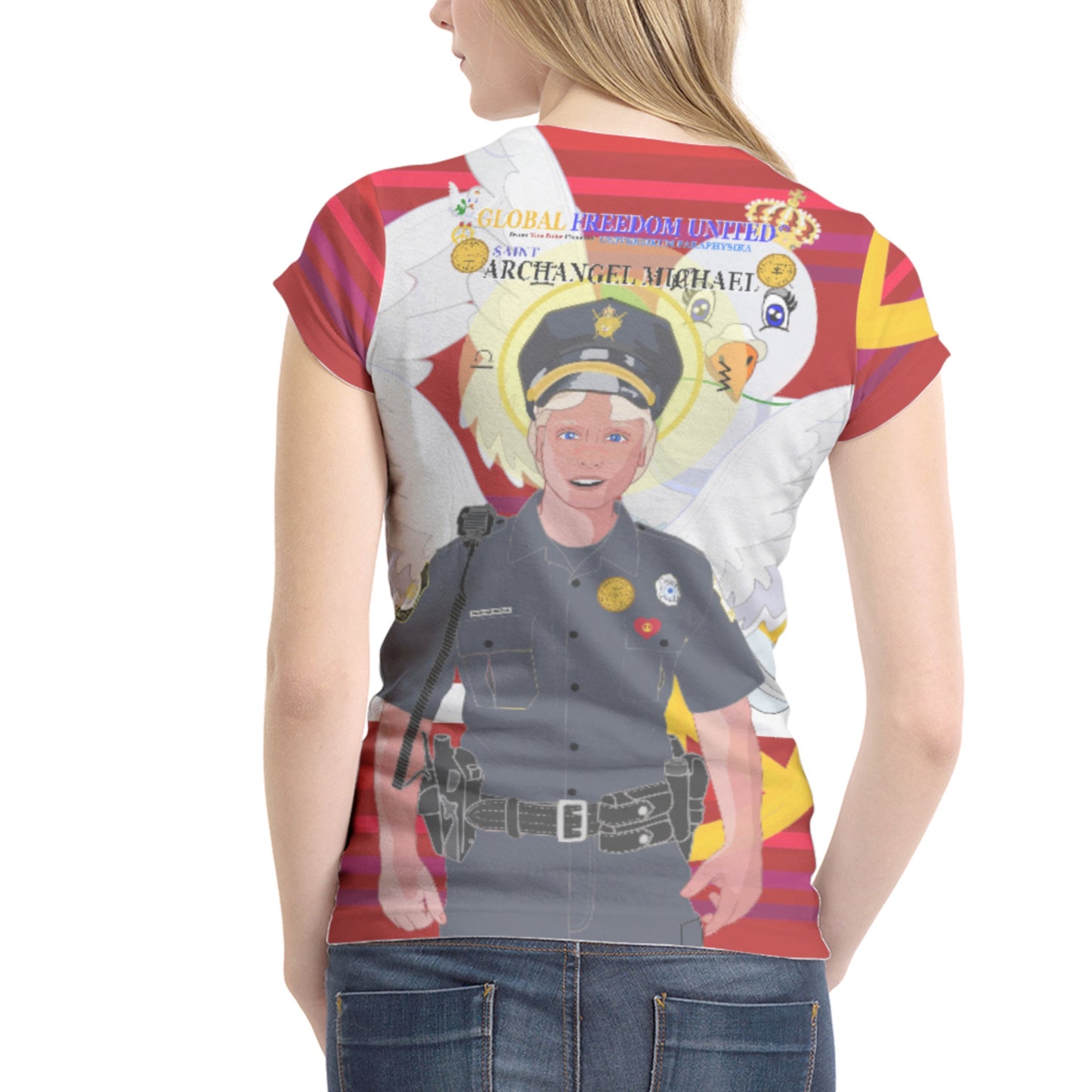 Women´s T-shirt 1 GLOBAL FREEDOM UNITED© Archangel Michael As Policemen Red