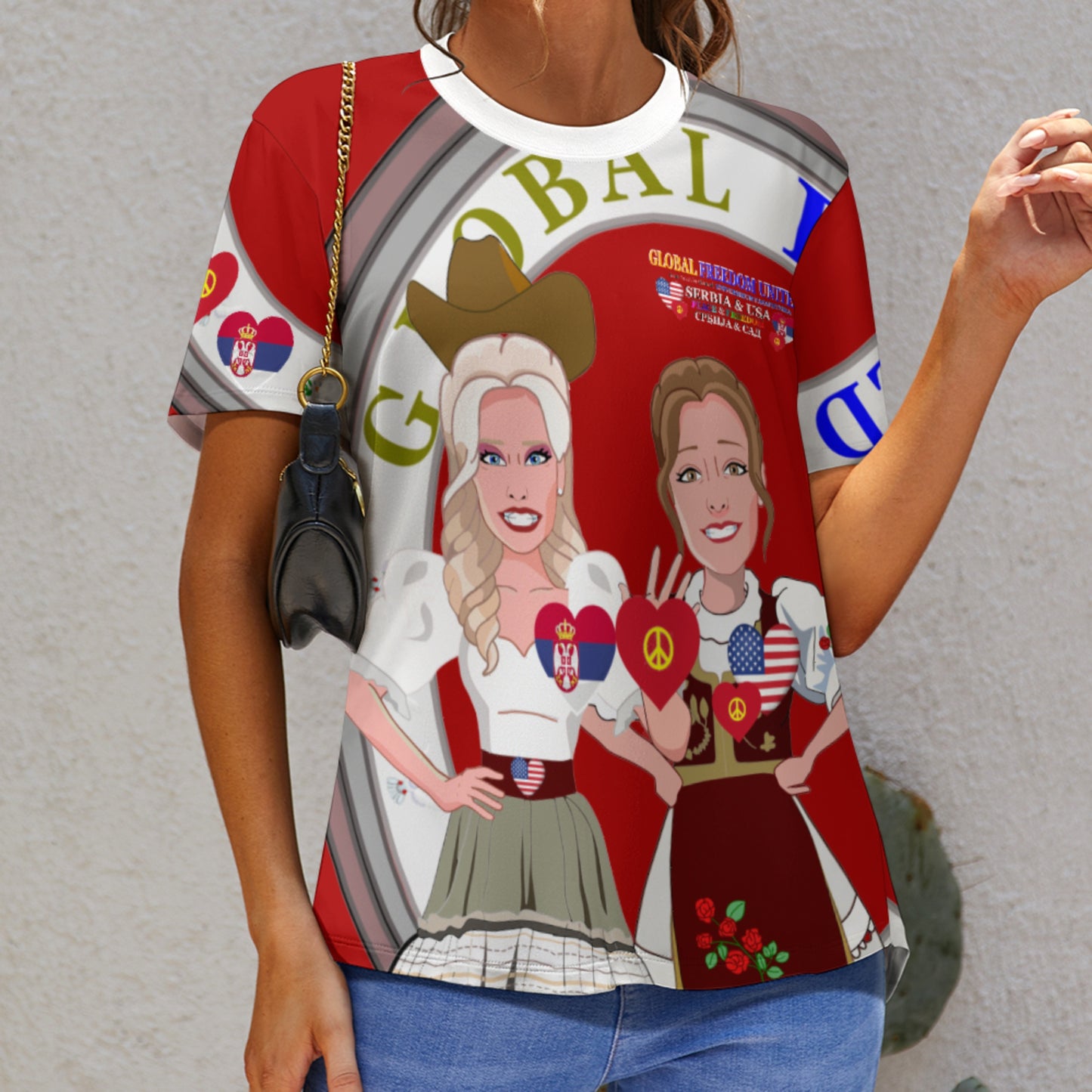 Women´s T-shirt 3 GLOBAL FREEDOM UNITED© Women Serbia & USA Red