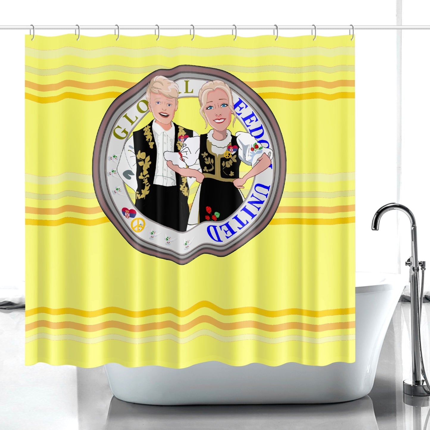 Quick-drying Shower Curtain GLOBAL FREEDOM UNITED COUPLE EDITION SERBIA YELLOW