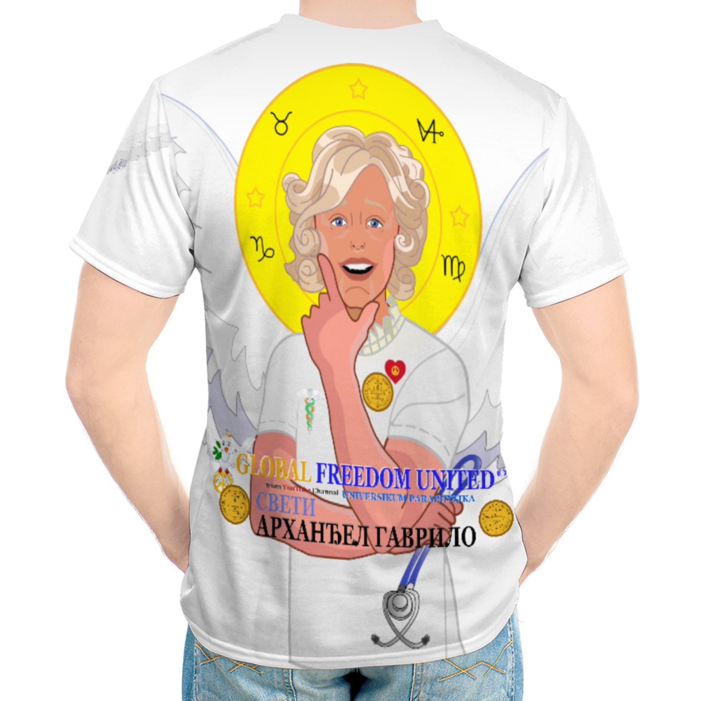 Men´s T-shirt GLOBAL FREEDOM UNITED© Archangel Gabriel Wight Dove Of Peace Serbia