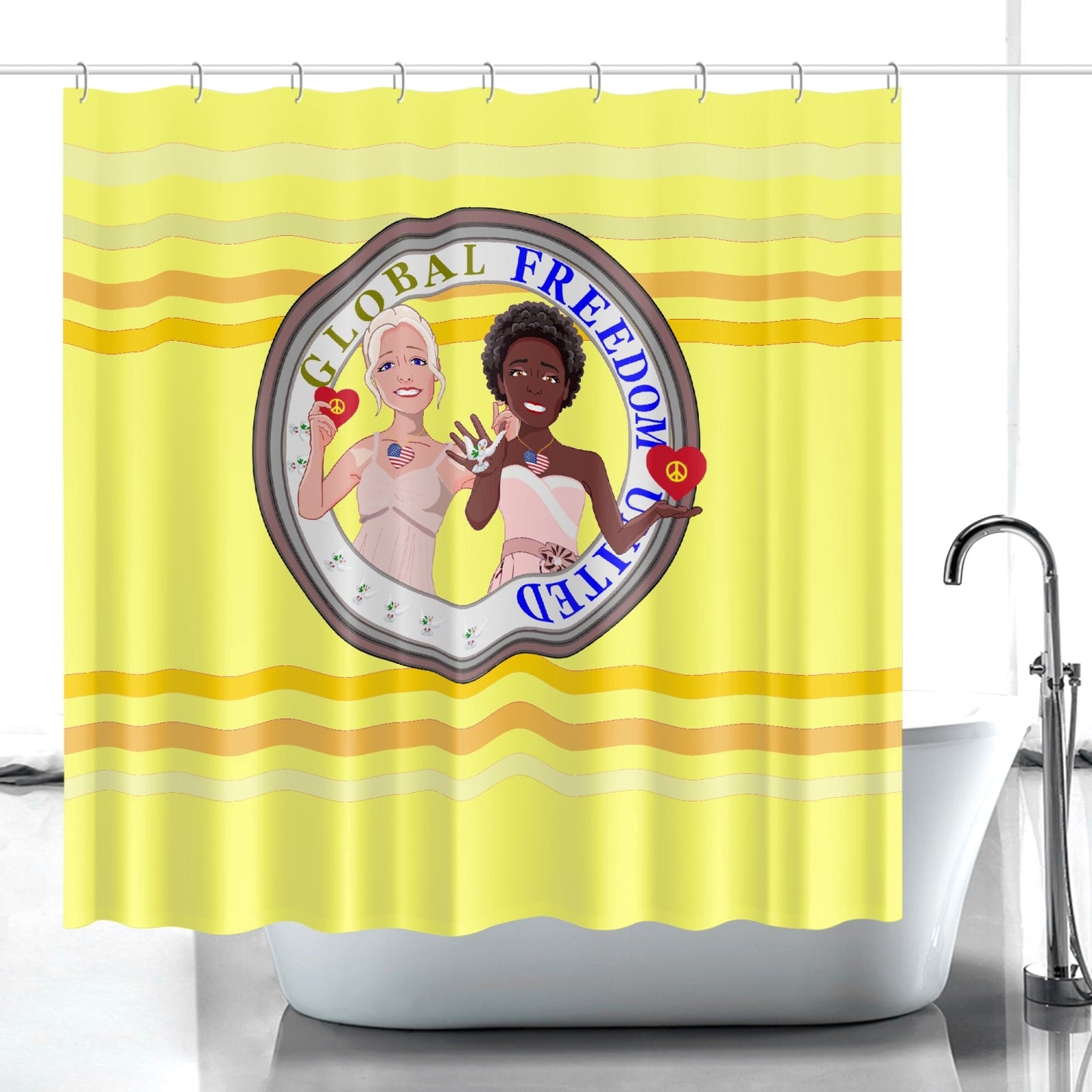 Quick-drying Shower Curtain GLOBAL FREEDOM UNITED© Men Anti Fascism & Racism USA Yellow