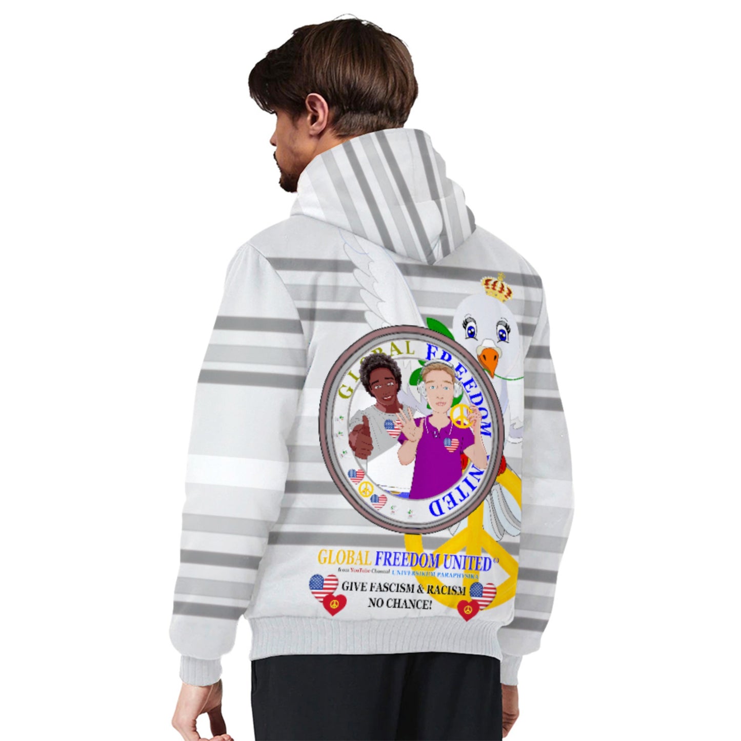 Plush Hoodie GLOBAL FREEDOM UNITED© Men Anti Racism & Fascism USA Grey