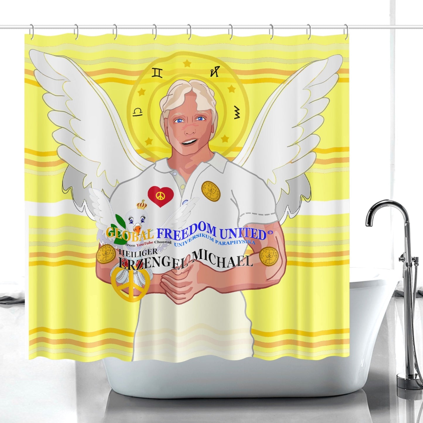 Quick-drying Shower Curtain GLOBAL FREEDOM UNITED ARCGANGEL MICHAEL GERMAN YELLOW