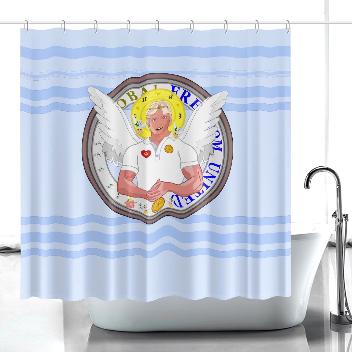 Quick-drying Shower Curtain GLOBAL FREEDOM UNITED© Archangel Michael Version 2 Light Blue