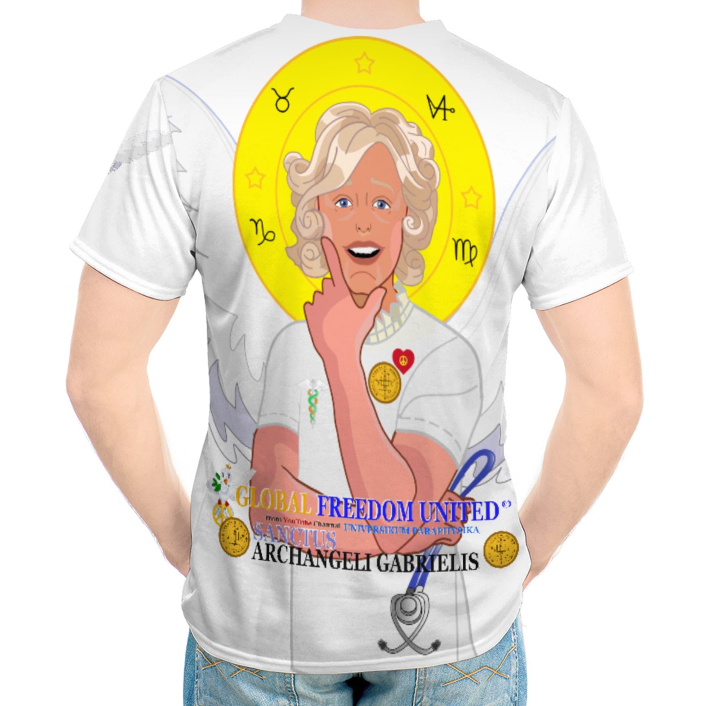 Men´s T-shirt GLOBAL FREEDOM UNITED© Archangel Gabriel Wight Dove Of Peace Latin