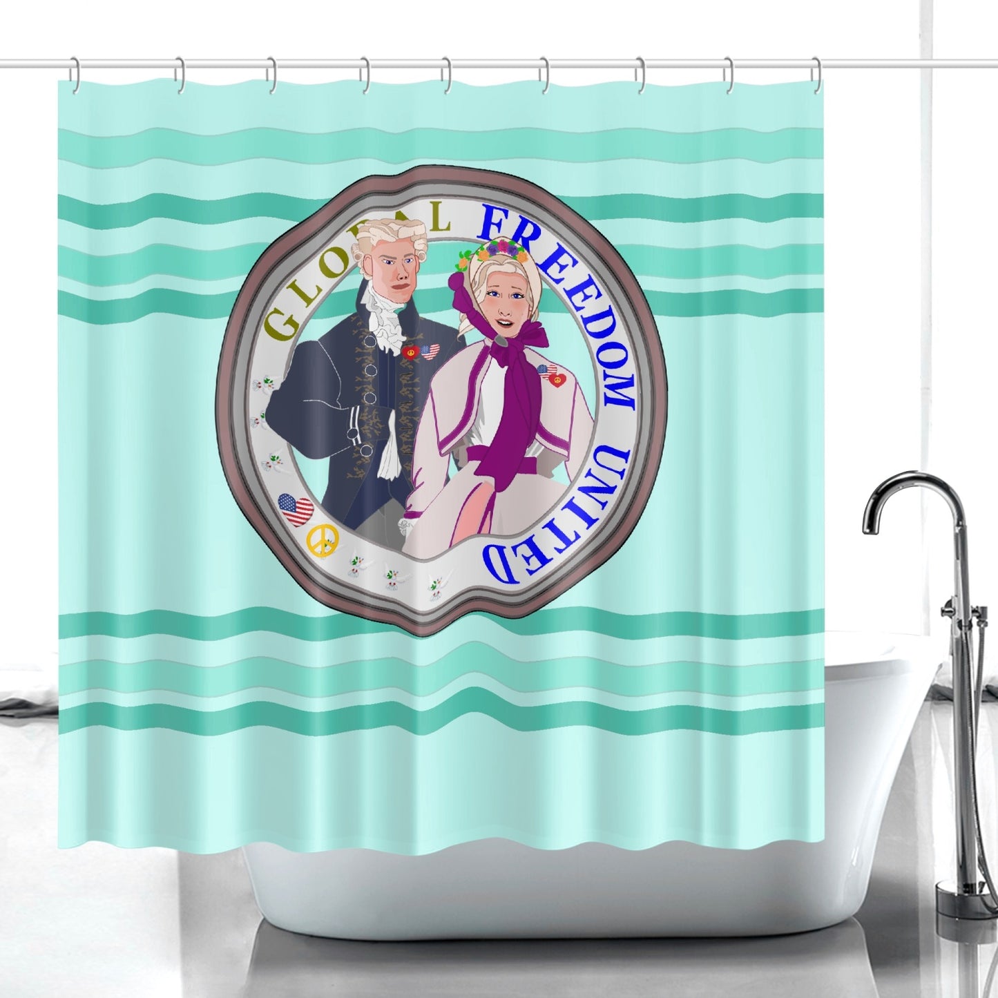 GLOBAL FREEDOM UNITED© Couple USA Georg Washington Light Green - Quick-drying Shower Curtain