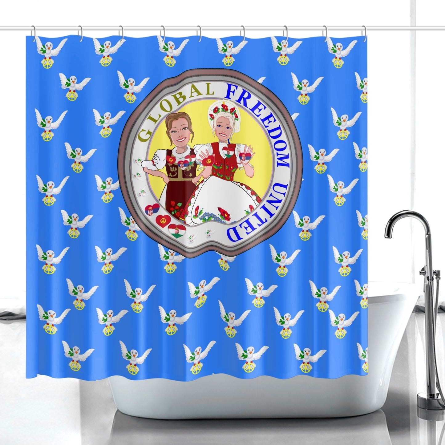 GLOBAL FREEDOM UNITED© WOMEN HUNGARY & SERBIA OLD PEACE BLUE Quick-drying Shower Curtain