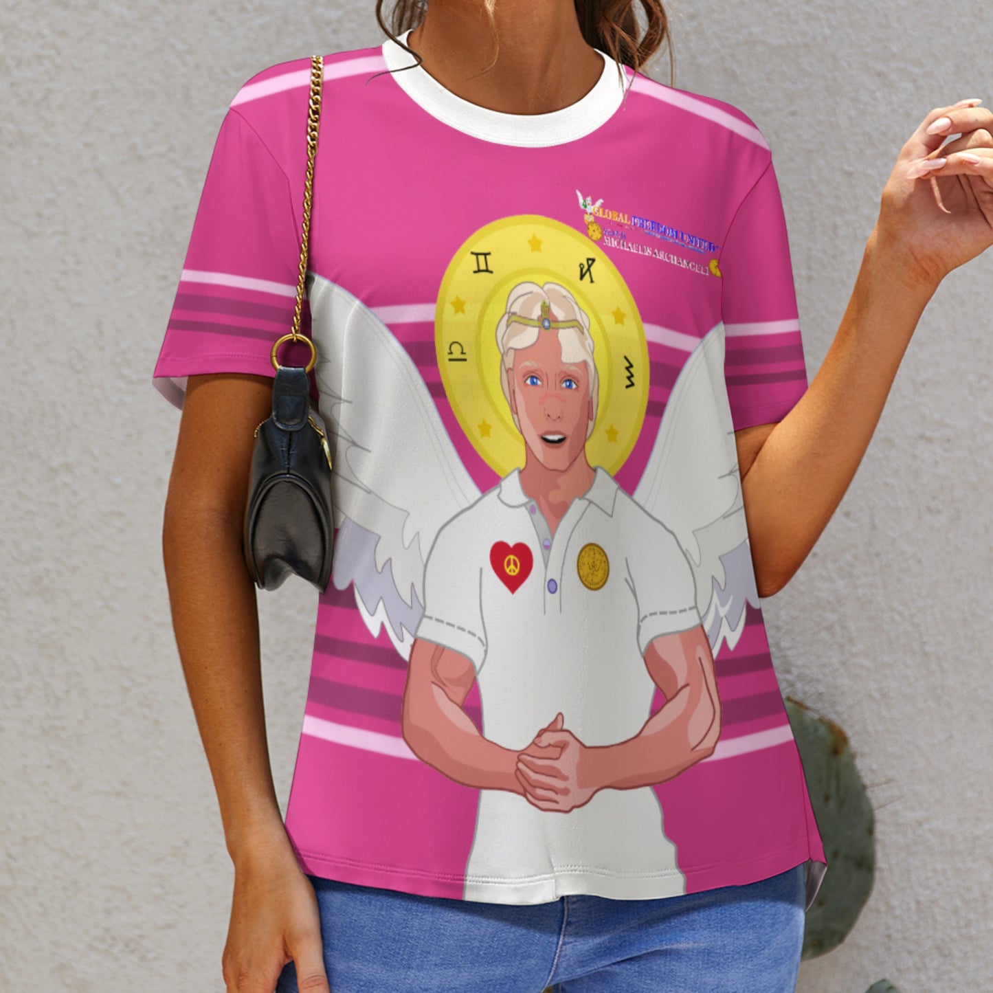 Women´s T-shirt Global Freedom United© Archangel Michael In Latin V2 Pink2