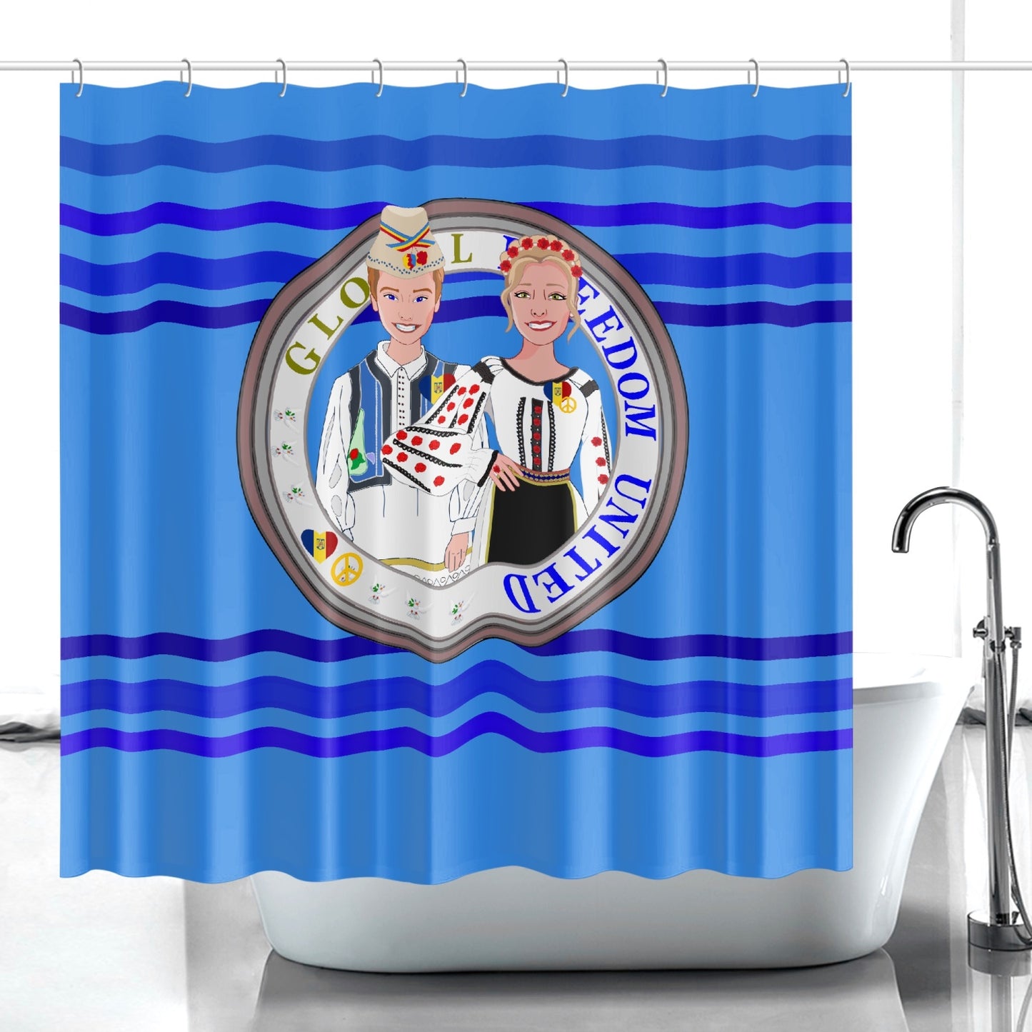 GLOBAL FREEDOM UNITED© Couple Romania Deep Blue - Quick-drying Shower Curtain