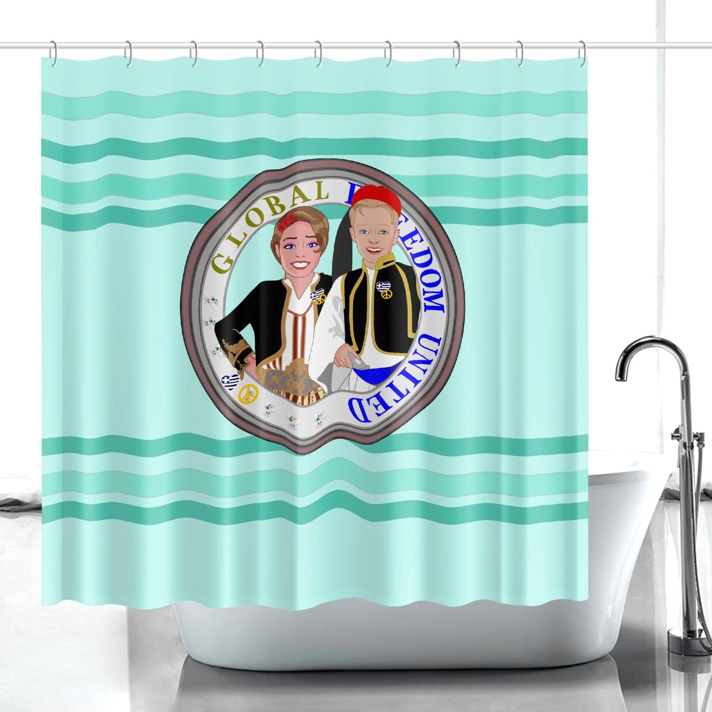 GLOBAL FREEDOM UNITED© Couple Greece Light Green Quick-drying Shower Curtain