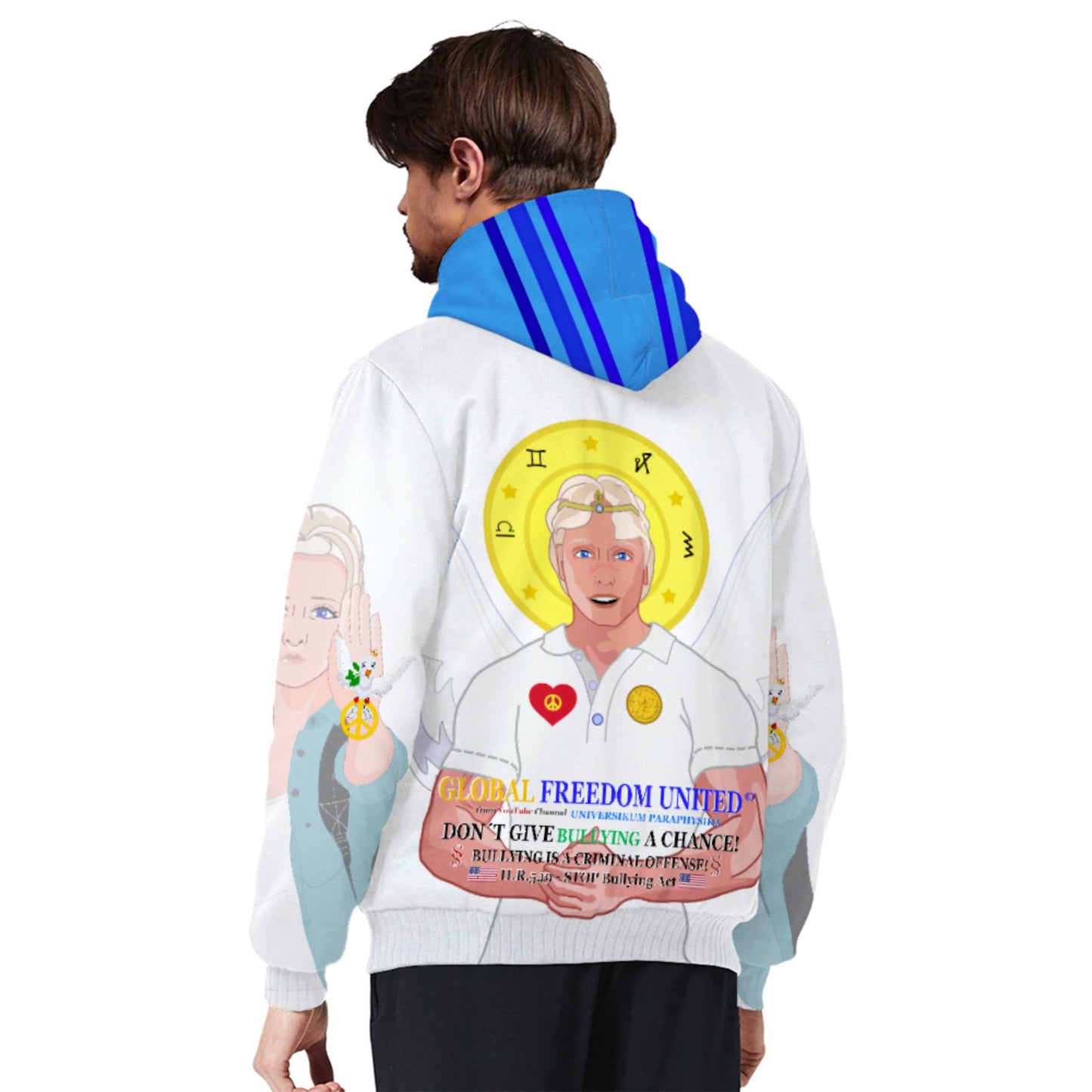 Plush Hoodie GLOBAL FREEDOM UNITED© Anti Bullying Men Blue USA