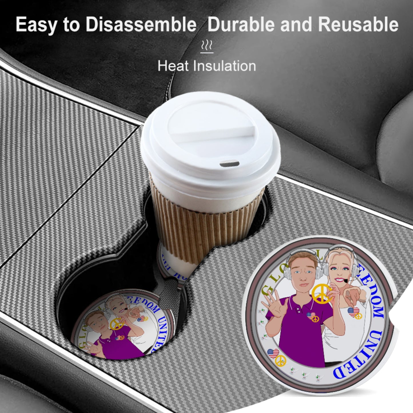 Ceramic Car Coaster GLOBAL FREEDOM UNITED© Couple USA Wight American