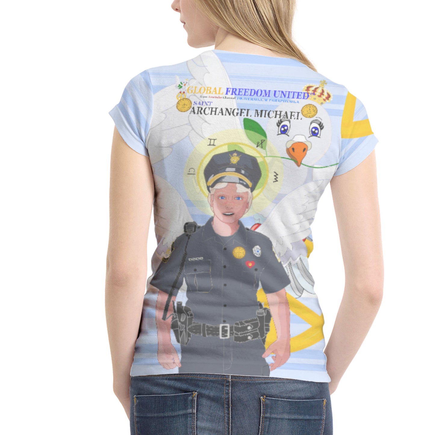 Women´s T-shirt 1 GLOBAL FREEDOM UNITED© Archangel Michael As Policemen Light Blue