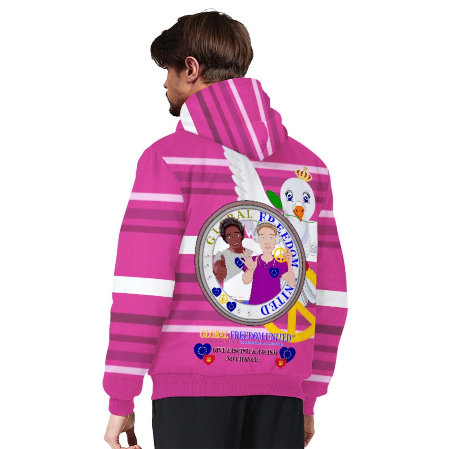 Plush Hoodie GLOBAL FREEDOM UNITED© Men Anti Racism & Fascism Pink2
