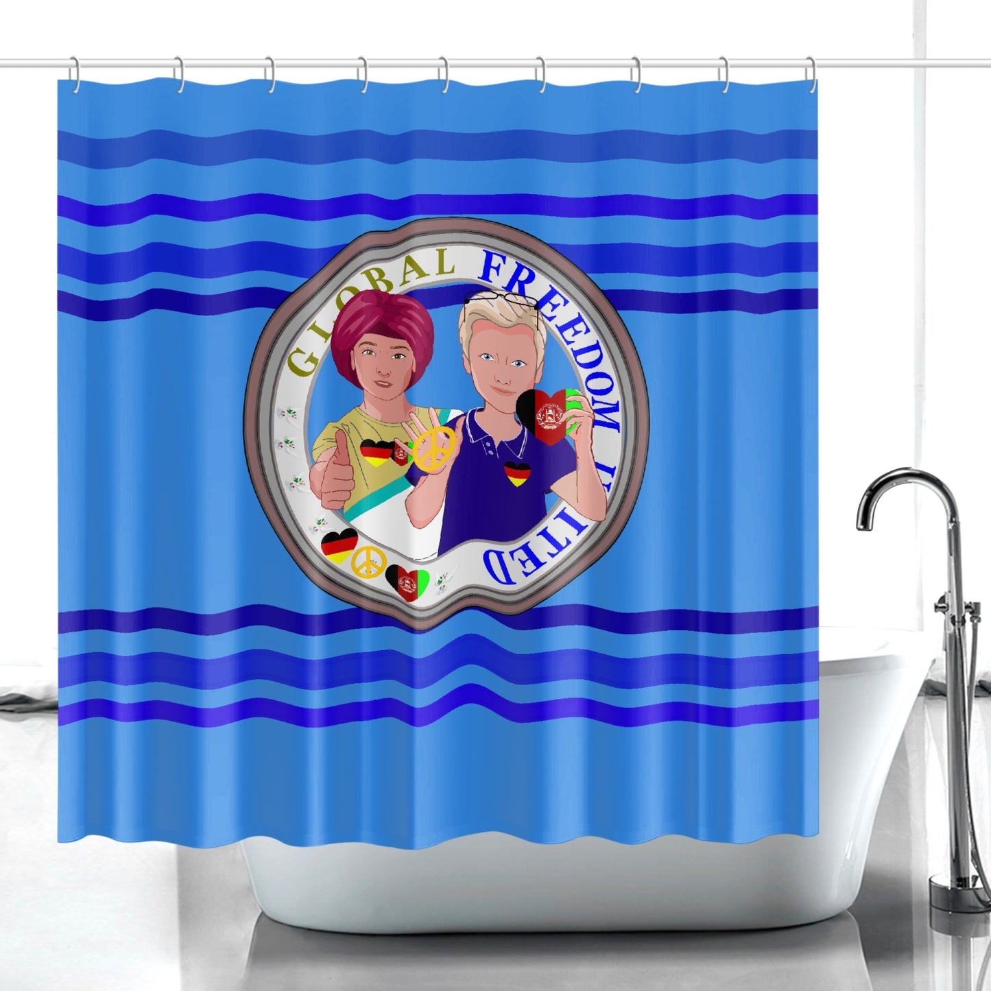Quick-drying Shower Curtain GLOBAL FREEDOM UNITED© Men Afghanistan & Germany Dark Blue