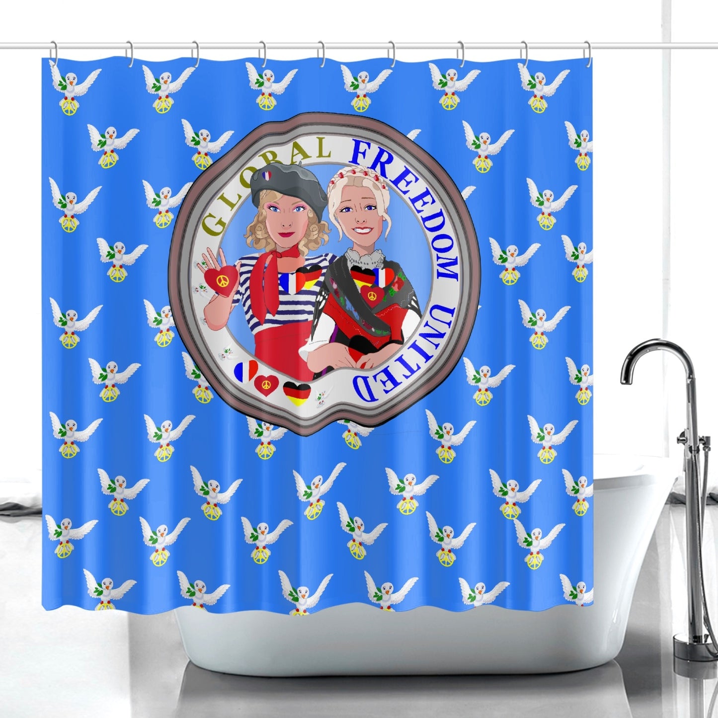 GLOBAL FREEDOM UNITED WOMEN FRENCH & GERMANY OLD PEACE BLUE Quick-drying Shower Curtain