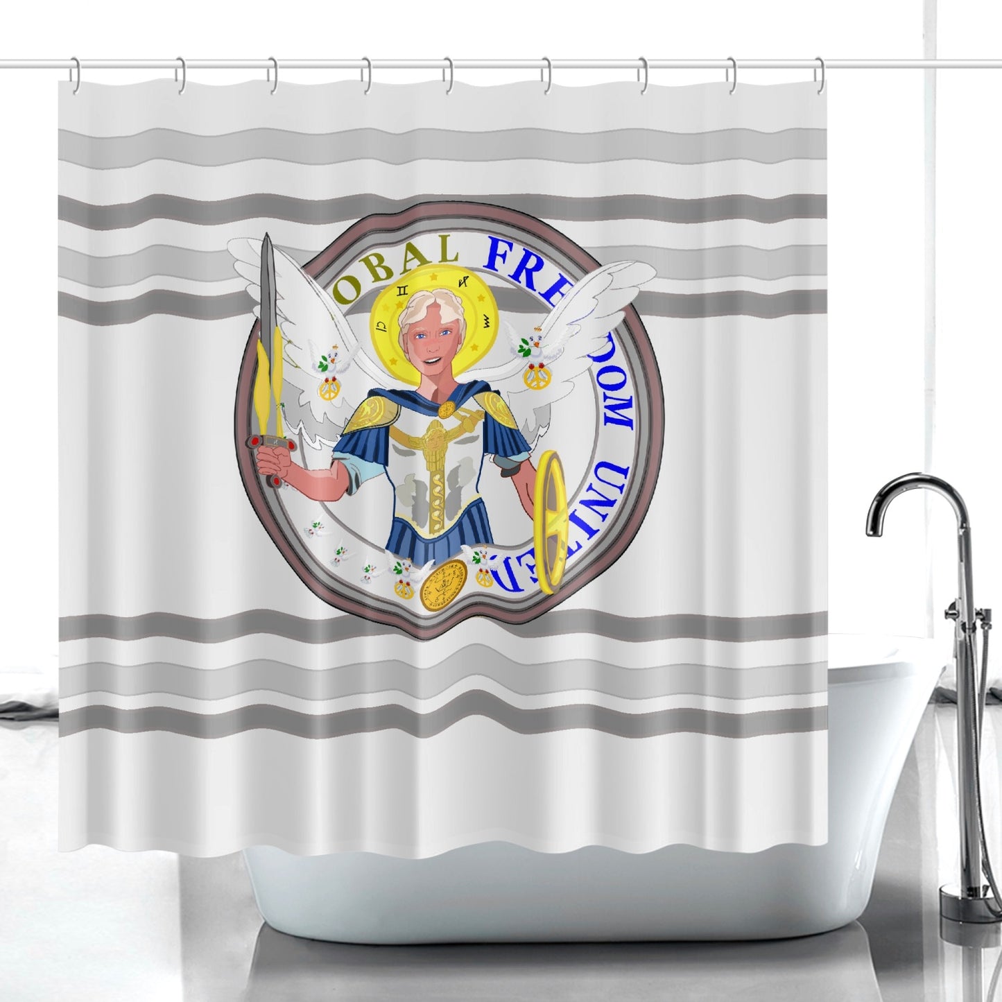 Quick-drying Shower Curtain GLOBAL FREEDOM UNITED© Archangel Michael Version 1 Grey