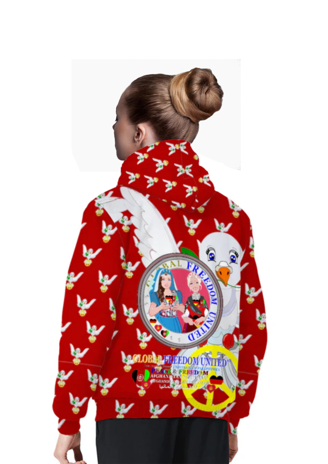 Plush Hoodie GLOBAL FREEDOM UNITED© AFGHANISTAN & GERMANY Red Dove Of Peace