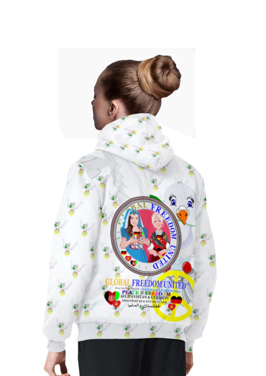 Plush Hoodie GLOBAL FREEDOM UNITED© AFGHANISTAN & GERMANY Wight Dove Of Peace
