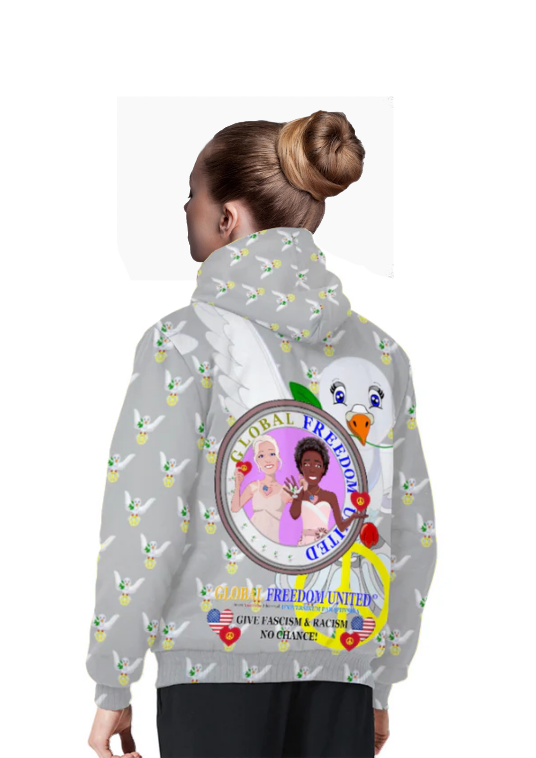 Plush Hoodie GLOBAL FREEDOM UNITED© Women Anti Racism & Fascism USA Grey