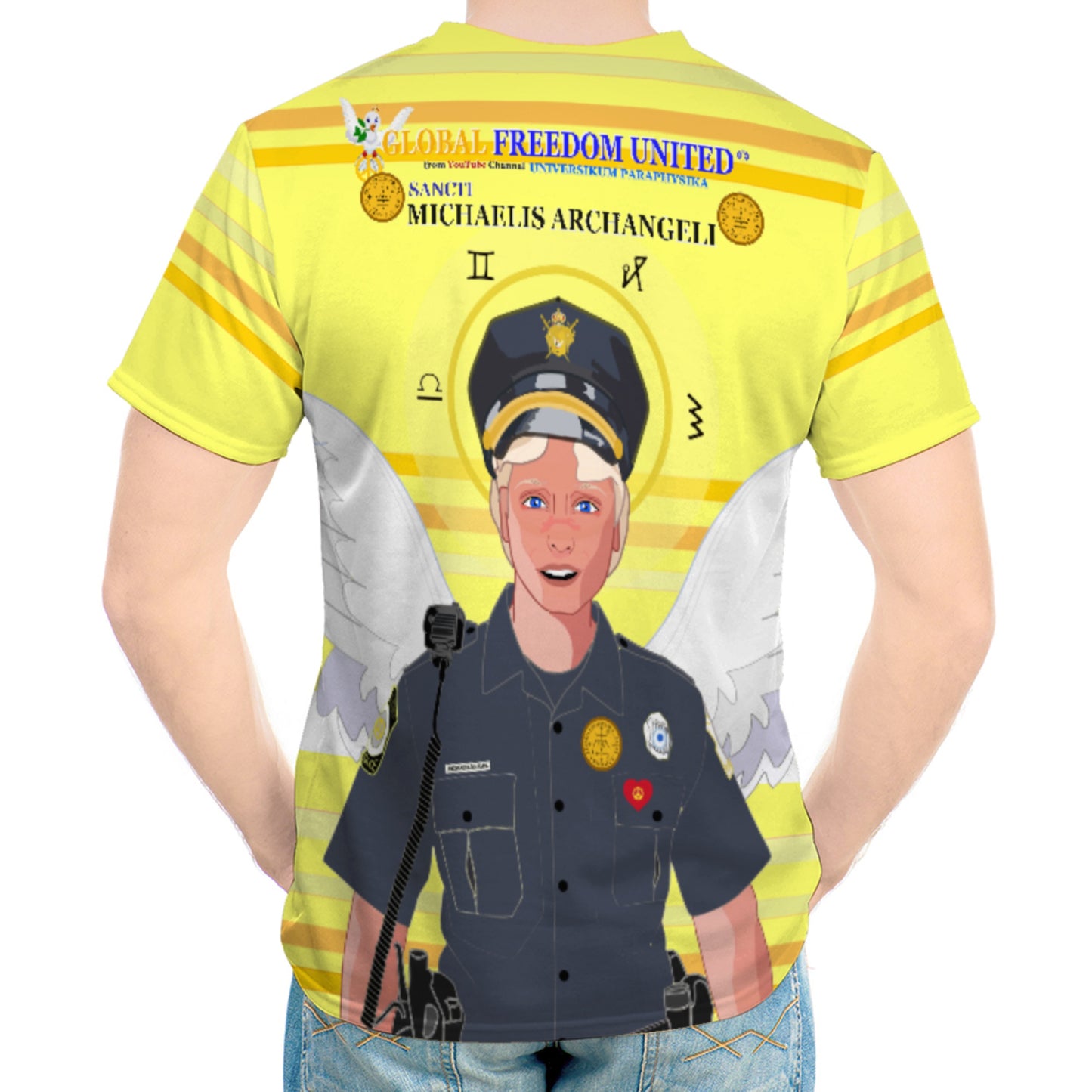 Men´s T-shirt GLOBAL FREEDOM UNITED© Archangel Michael In Latin V4 Yellow